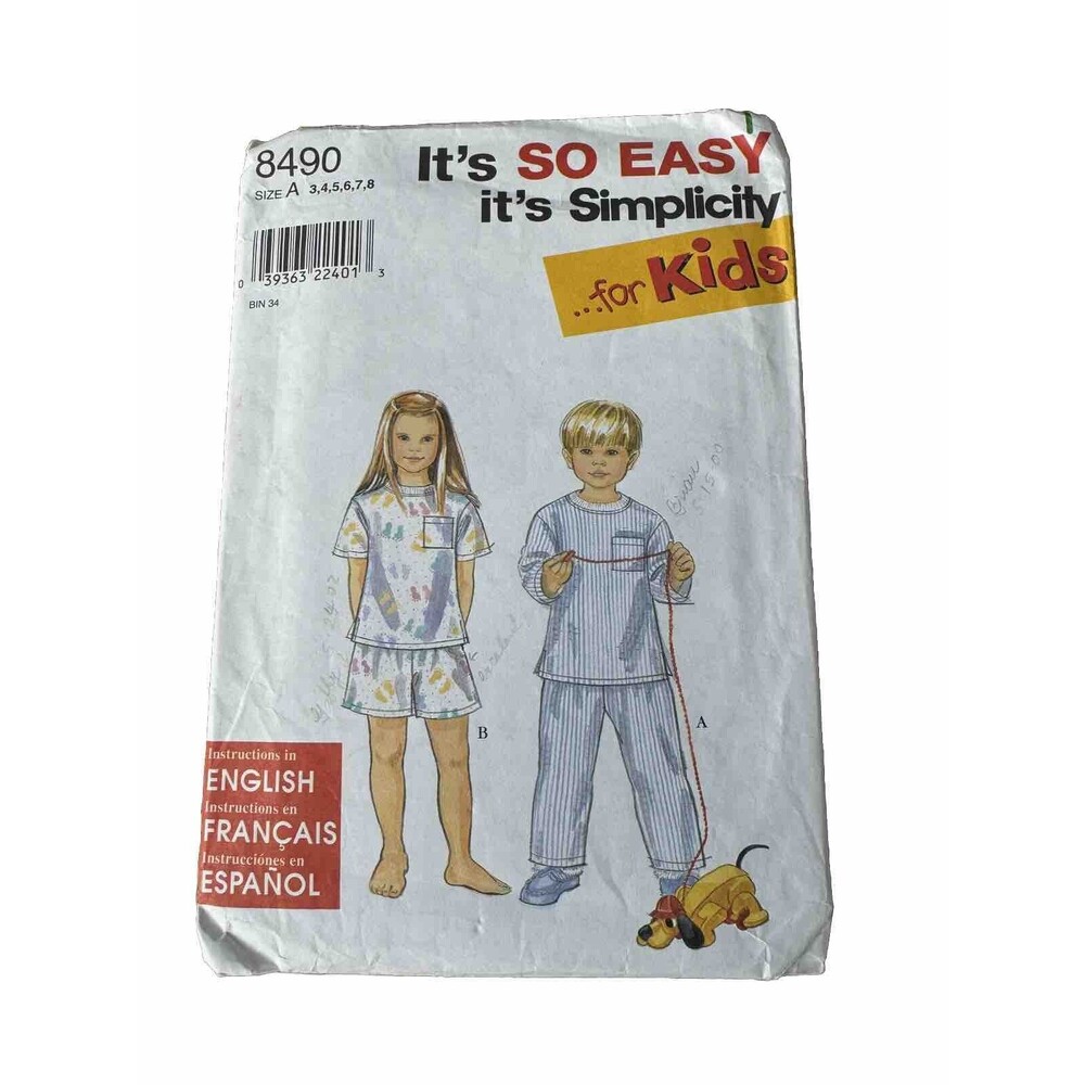 Simplicity Sewing Pattern 8490 Easy Sizes 3 4 5 6 7 8 Childs Pajamas